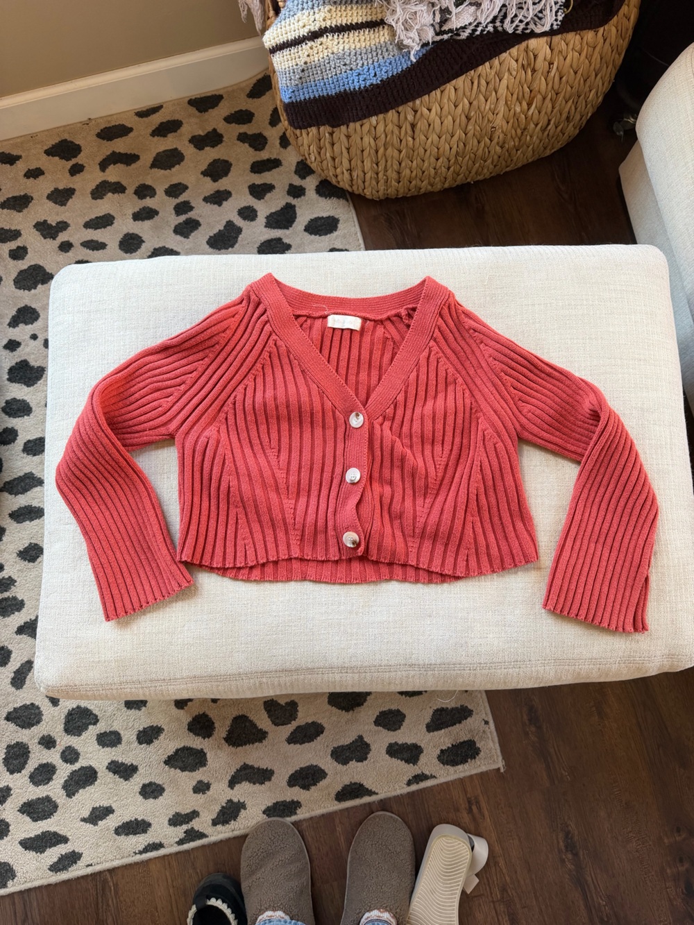 Altar'd State Coral Pink Ribbed Cropped Cardigan